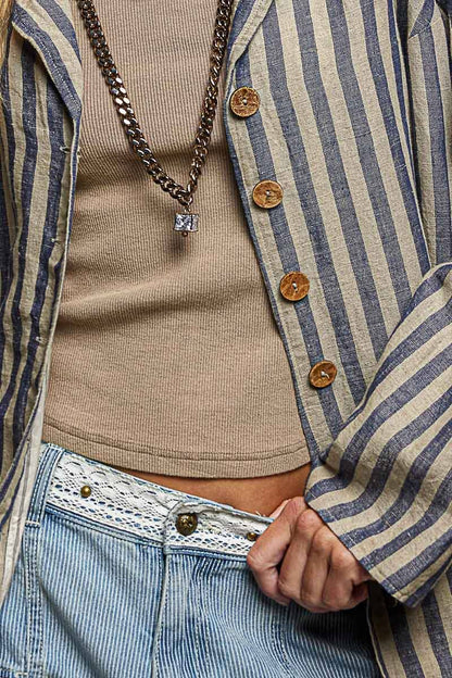 Stripe Pattern Asymmetrical Hem Lapel Style Woven Jacket - ivyandlavyboutique Pol Clothing