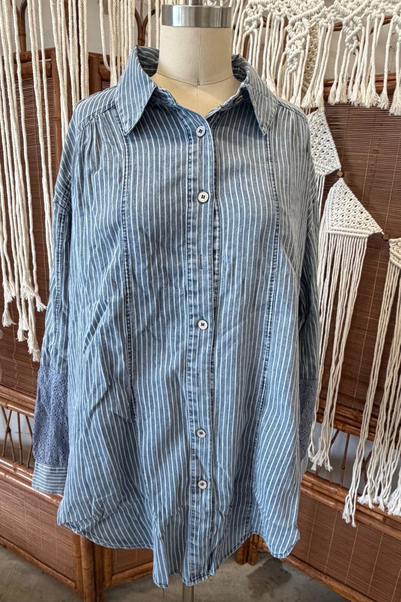 Striped Blouse with Crochet Details - ivyandlavyboutique Blue Velvet