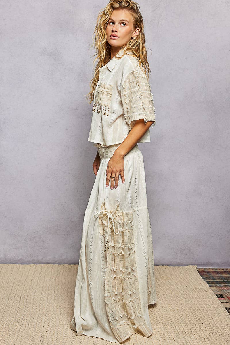 Summer Boho Ruffle Contrast Shell Trim Wide Leg Pants - ivyandlavyboutique Pol Clothing