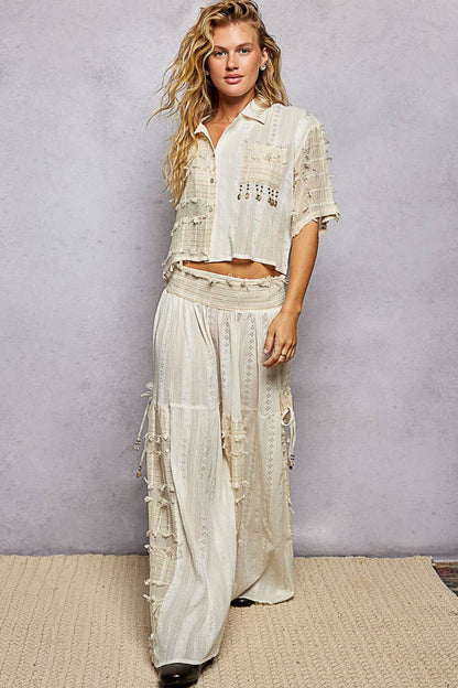 Summer Boho Ruffle Contrast Shell Trim Wide Leg Pants - ivyandlavyboutique Pol Clothing