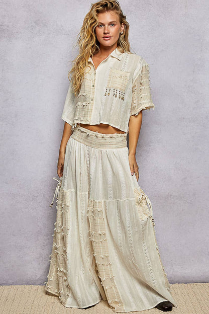 Summer Boho Ruffle Contrast Shell Trim Wide Leg Pants - ivyandlavyboutique Pol Clothing
