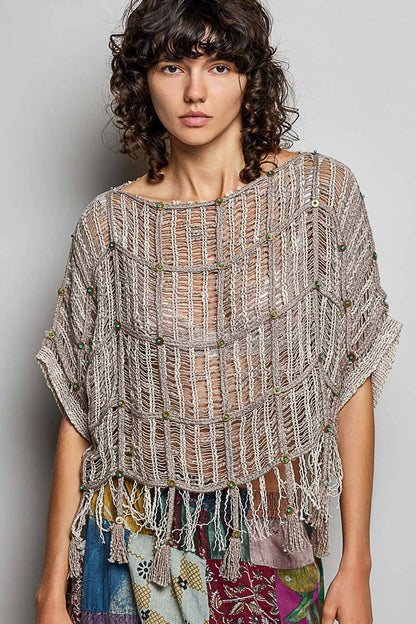 Summer Breeze Boho Tassel Rivet Accent Round Neck Short Sleeve - ivyandlavyboutique Pol Clothing