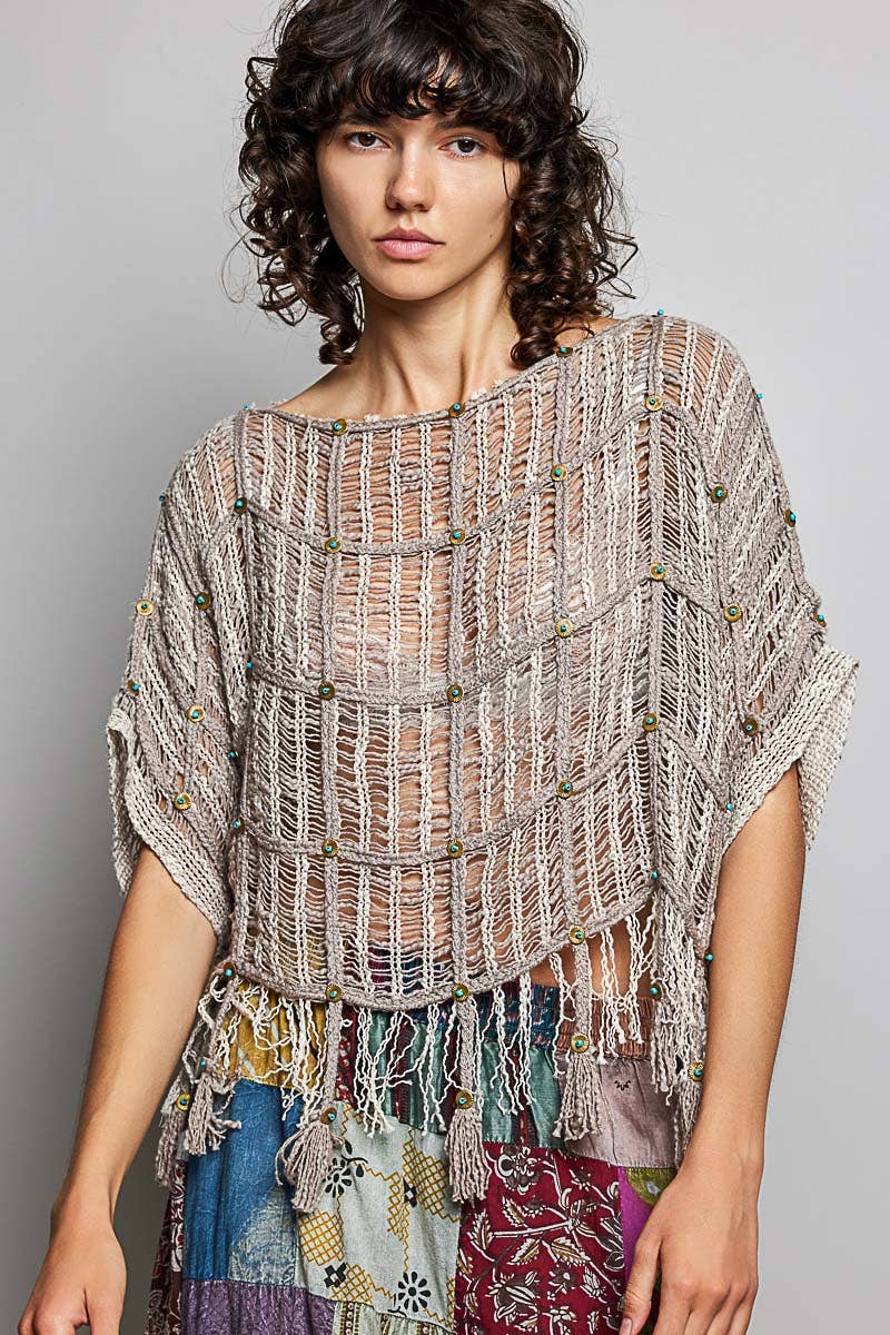 Summer Breeze Boho Tassel Rivet Accent Round Neck Short Sleeve - ivyandlavyboutique Pol Clothing