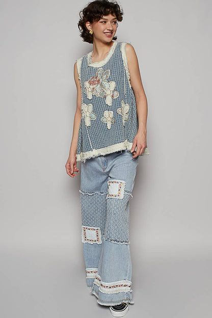 Sunny Days Flower Appliqué Top w/ Zipper - ivyandlavyboutique Pol Clothing