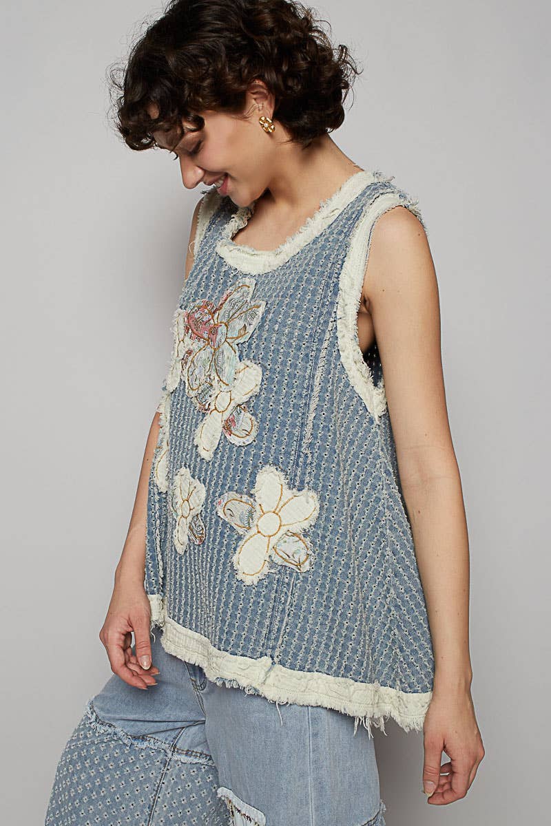 Sunny Days Flower Appliqué Top w/ Zipper - ivyandlavyboutique Pol Clothing