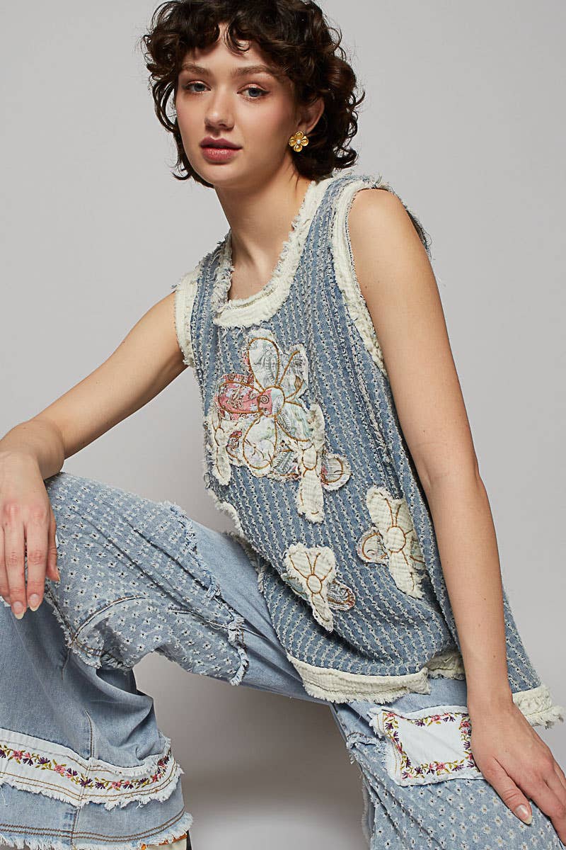 Sunny Days Flower Appliqué Top w/ Zipper - ivyandlavyboutique Pol Clothing
