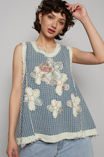Sunny Days Flower Appliqué Top w/ Zipper - ivyandlavyboutique Pol Clothing