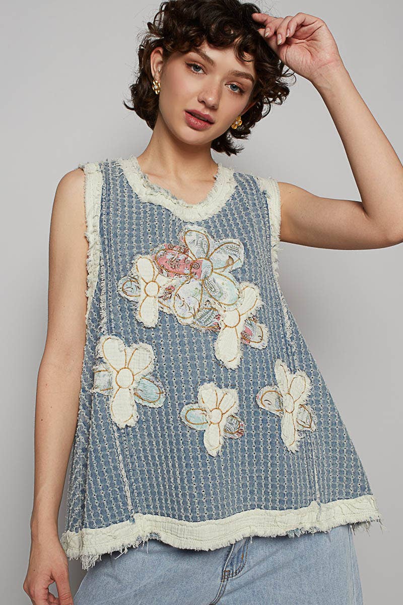 Sunny Days Flower Appliqué Top w/ Zipper - ivyandlavyboutique Pol Clothing