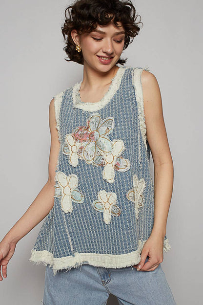 Sunny Days Flower Appliqué Top w/ Zipper - ivyandlavyboutique Pol Clothing