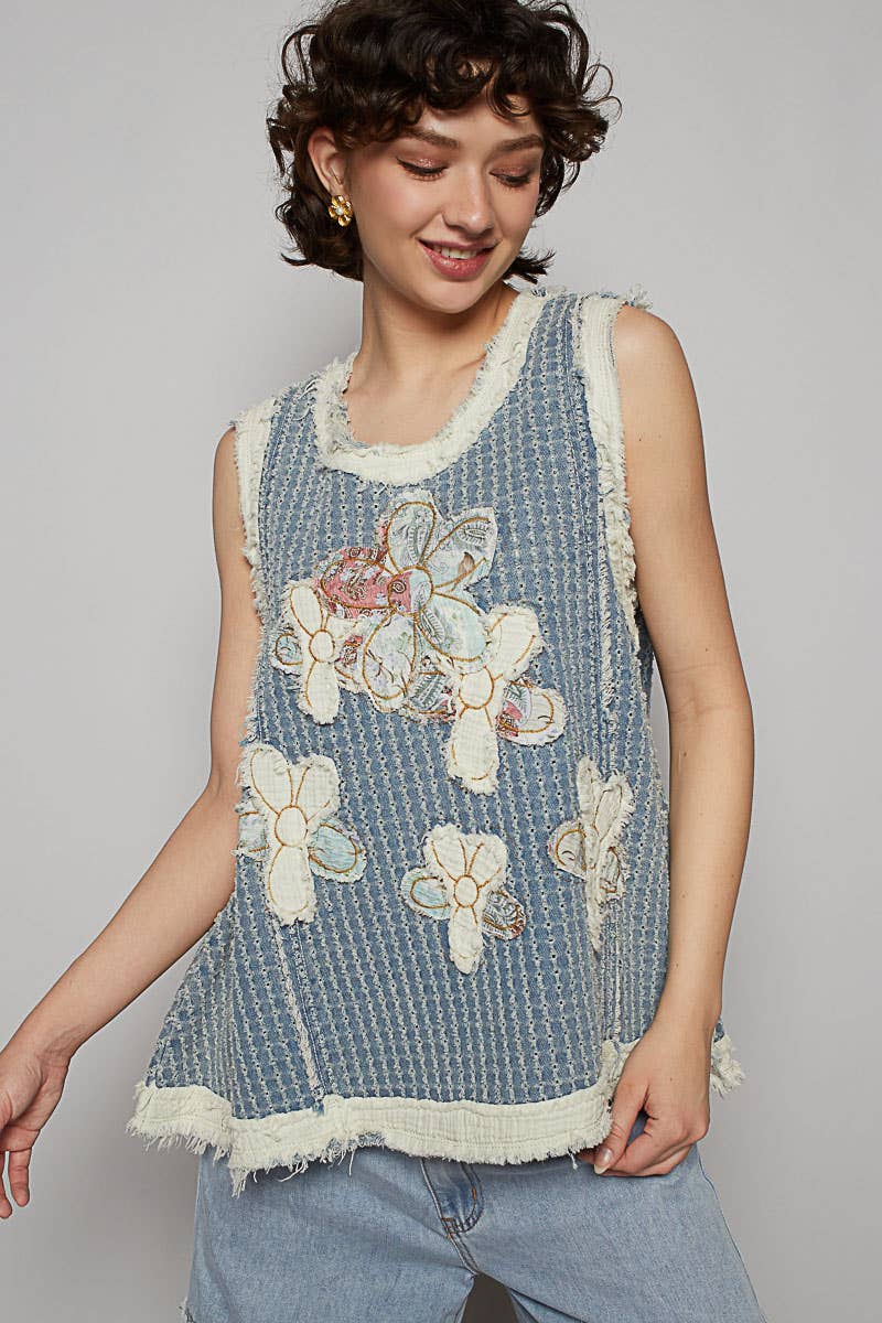 Sunny Days Flower Appliqué Top w/ Zipper - ivyandlavyboutique Pol Clothing