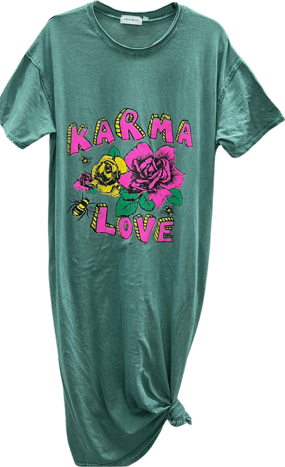 T-Shirt Dress with 'Karma Love' Print in Green - ivyandlavyboutique LeParisPetit by I Love Linen