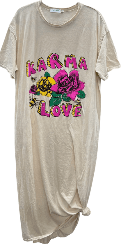 T-Shirt Dress with 'Karma Love' Print in Green - ivyandlavyboutique LeParisPetit by I Love Linen