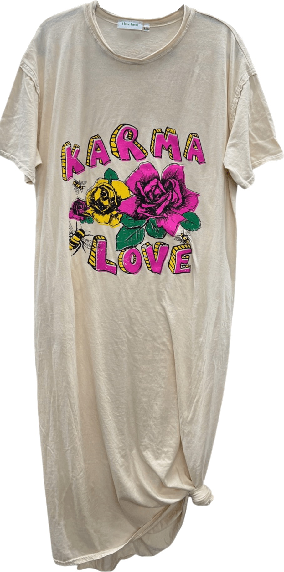 T-Shirt Dress with 'Karma Love' Print in Green - ivyandlavyboutique LeParisPetit by I Love Linen