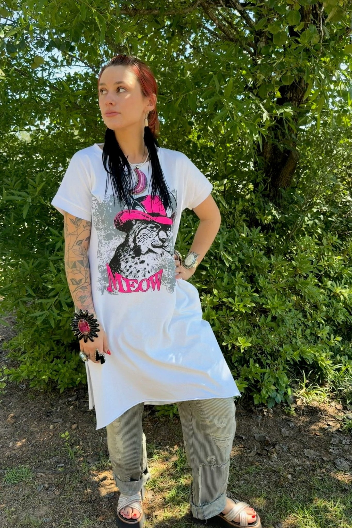 T-Shirt Dress with Kitschy Meow Smoking Cat - ivyandlavyboutique LeParisPetit by I Love Linen