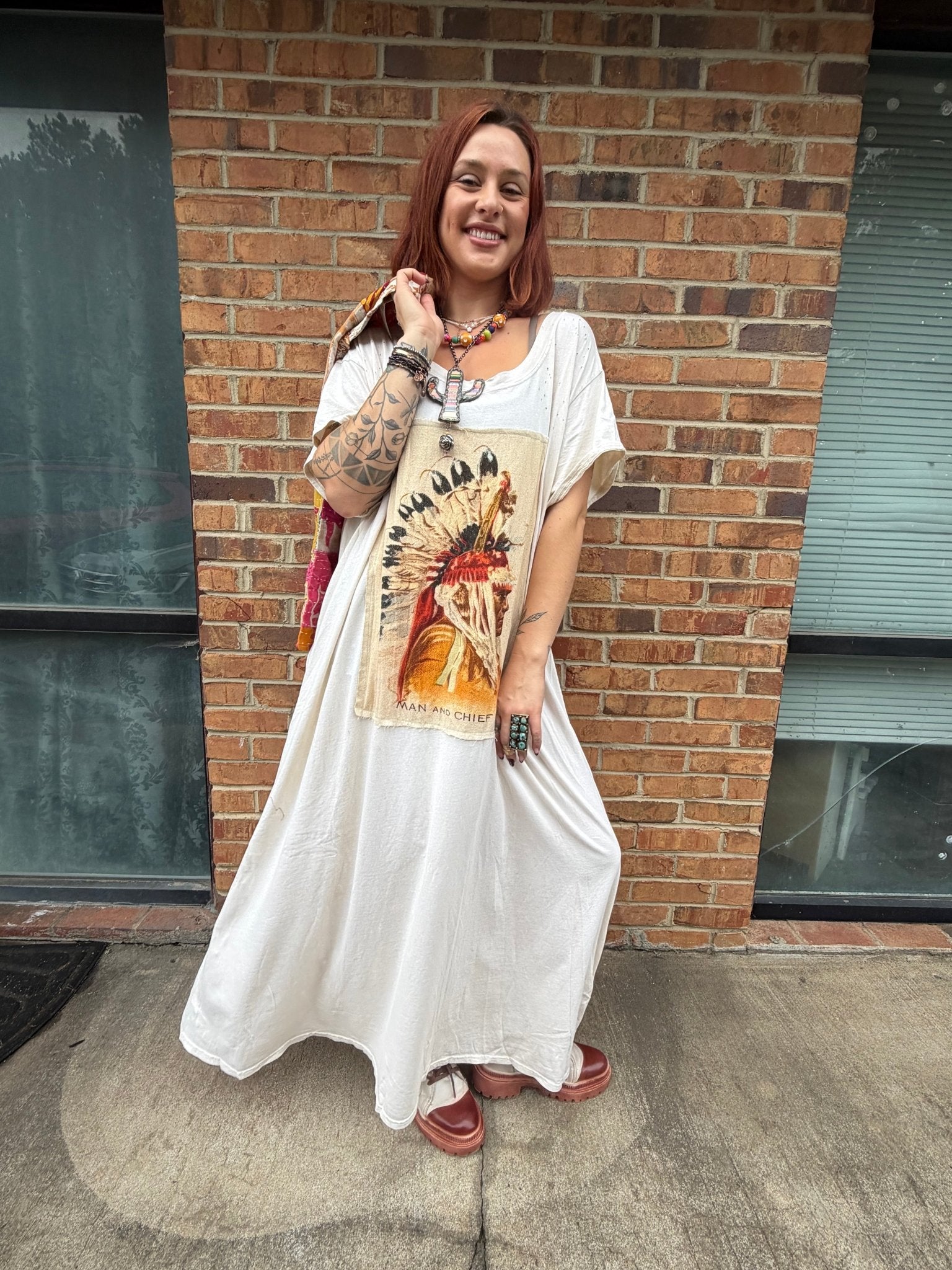 T-Shirt Dress with Patchwork of Indian Chief - ivyandlavyboutique LeParisPetit by I Love Linen