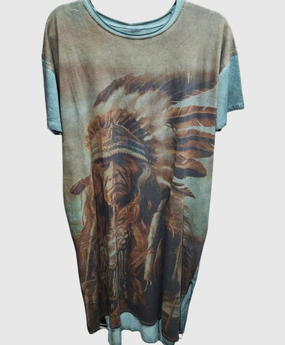 T-Shirt Dress with Print of Indian Warrior in Brown - ivyandlavyboutique LeParisPetit by I Love Linen