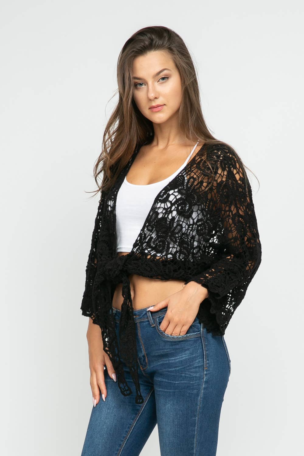 Talita Crochet Black Kimono Wrap - ivyandlavyboutique Raj Trading & Imports (USA) Inc.