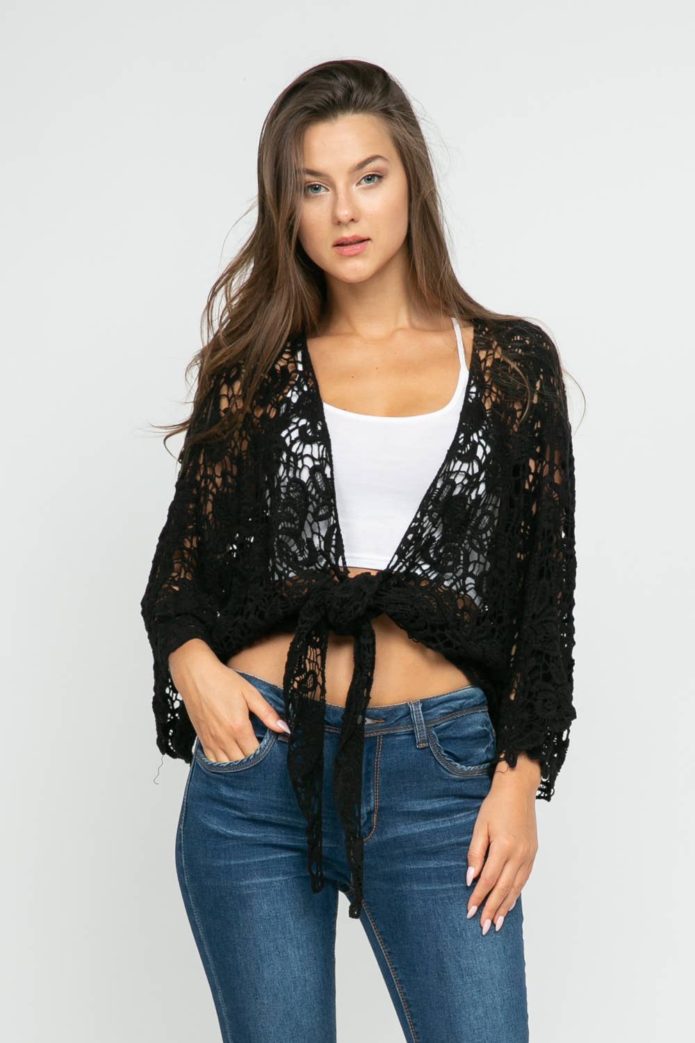 Talita Crochet Black Kimono Wrap - ivyandlavyboutique Raj Trading & Imports (USA) Inc.