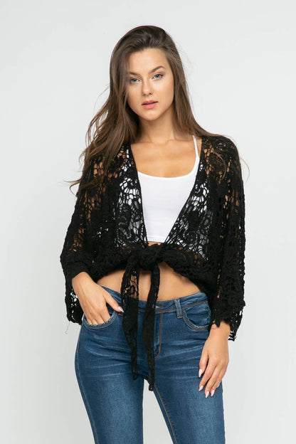 Talita Crochet Black Kimono Wrap - ivyandlavyboutique Raj Trading & Imports (USA) Inc.