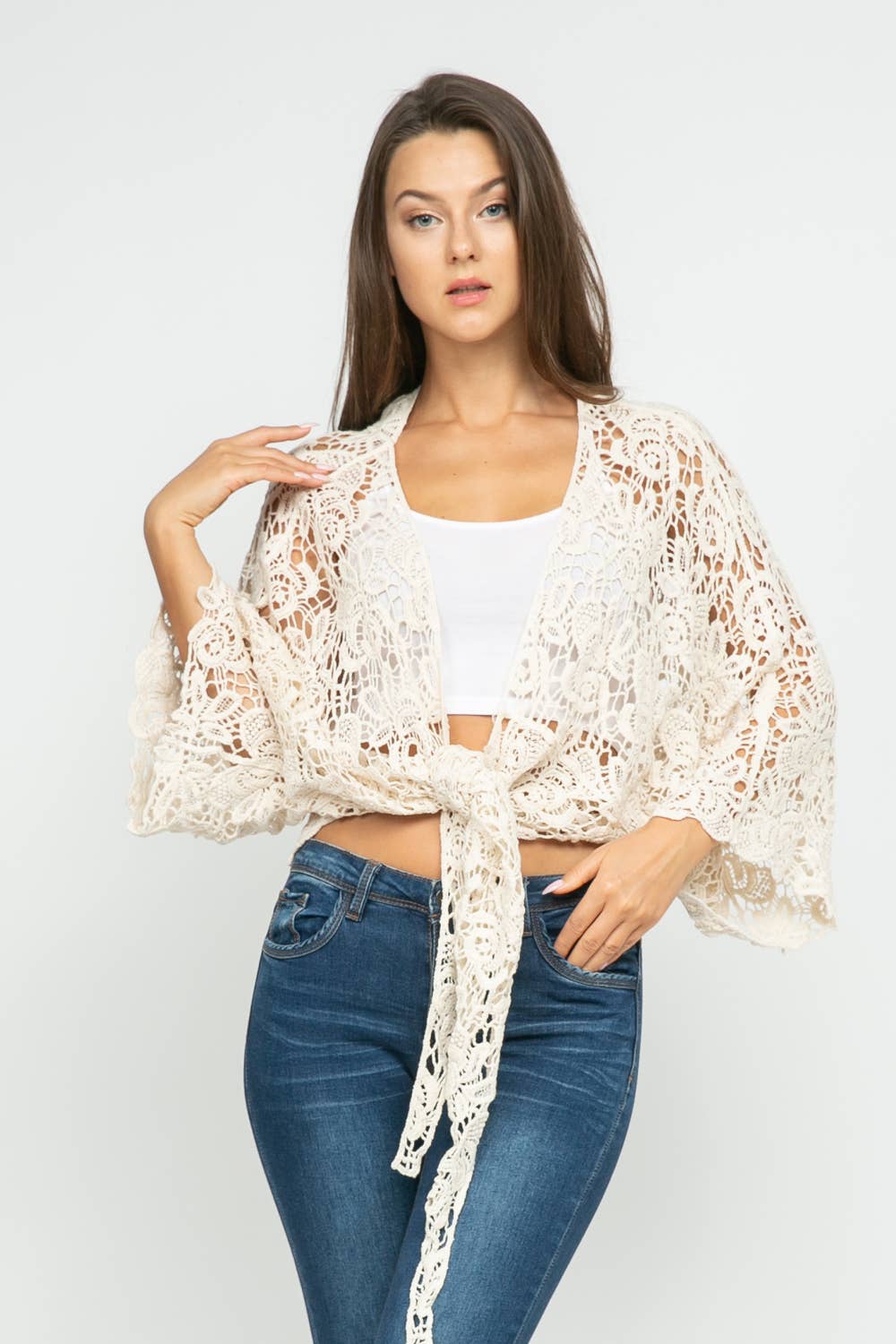 Talita Crochet Natural Kimono Wrap - ivyandlavyboutique Raj Trading & Imports (USA) Inc.