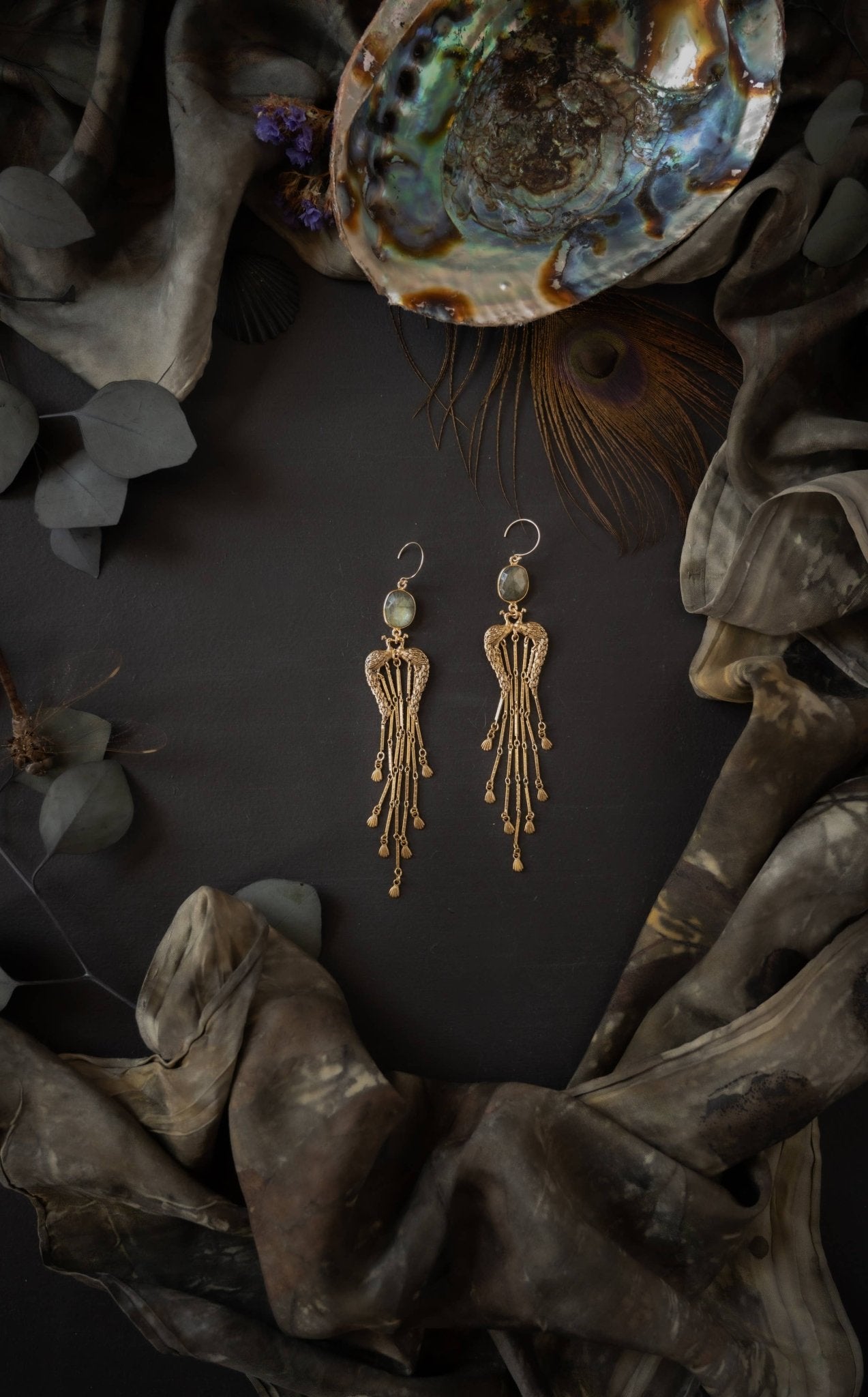 Temple of of Venus Tassel Earrings: Peacock: Dendritic Opal - ivyandlavyboutique Trollbinde
