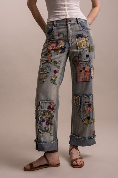 The Artist Patchwork Wide Leg Denim Jean - ivyandlavyboutique Blue Velvet