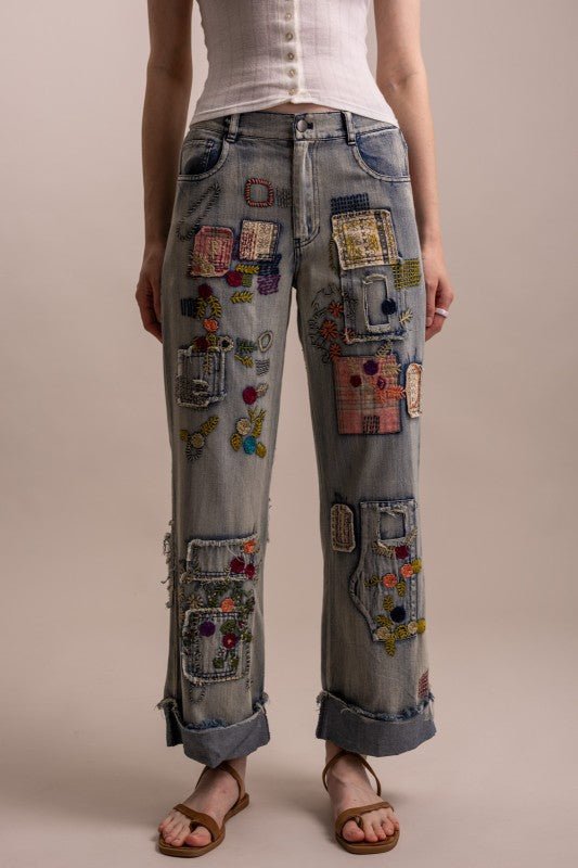 The Artist Patchwork Wide Leg Denim Jean - ivyandlavyboutique Blue Velvet