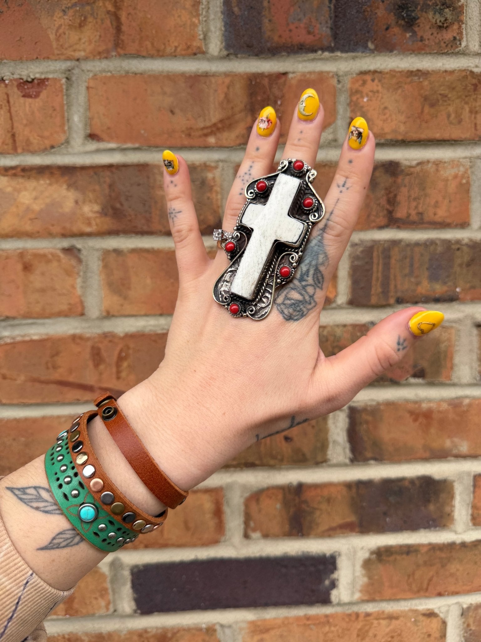 The Cross Ring Etched w/ Bone & Carnelian - ivyandlavyboutique ivyandlavyboutique