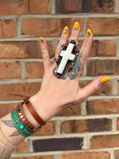 The Cross Ring Etched w/ Bone & Carnelian - ivyandlavyboutique ivyandlavyboutique