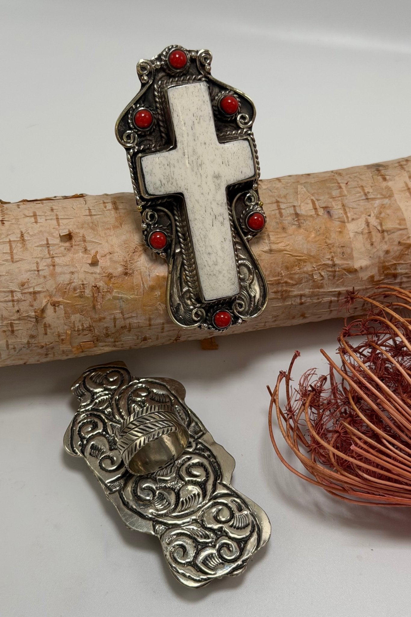 The Cross Ring Etched w/ Bone & Carnelian - ivyandlavyboutique ivyandlavyboutique
