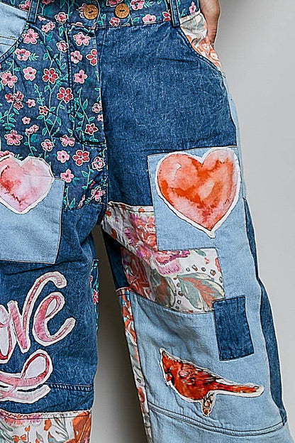 The Picasso Mixed-Print Patchwork Vintage Wide-Leg Contrast Denim Pants - ivyandlavyboutique Pol Clothing