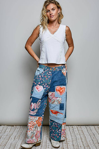 The Picasso Mixed-Print Patchwork Vintage Wide-Leg Contrast Denim Pants - ivyandlavyboutique Pol Clothing