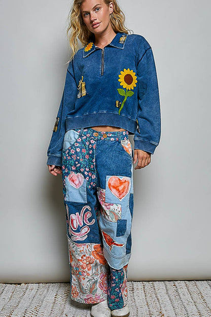 The Picasso Mixed-Print Patchwork Vintage Wide-Leg Contrast Denim Pants - ivyandlavyboutique Pol Clothing