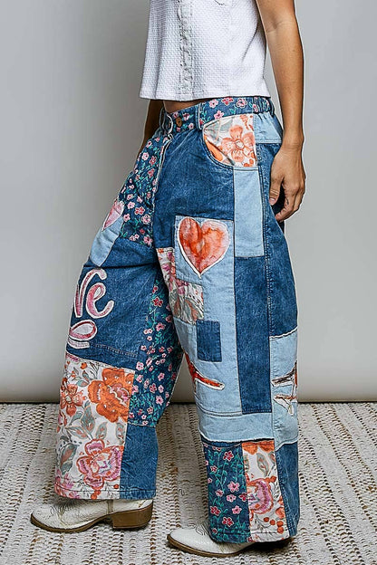 The Picasso Mixed-Print Patchwork Vintage Wide-Leg Contrast Denim Pants - ivyandlavyboutique Pol Clothing