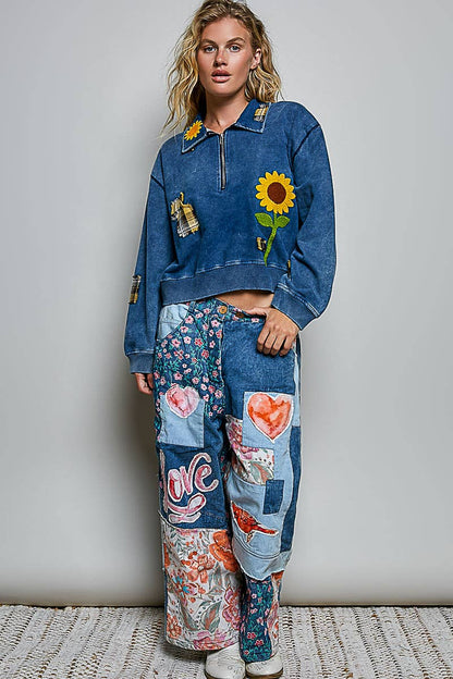 The Picasso Mixed-Print Patchwork Vintage Wide-Leg Contrast Denim Pants - ivyandlavyboutique Pol Clothing
