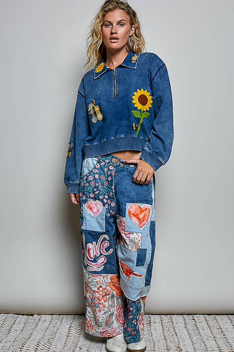 The Picasso Mixed-Print Patchwork Vintage Wide-Leg Contrast Denim Pants - ivyandlavyboutique Pol Clothing