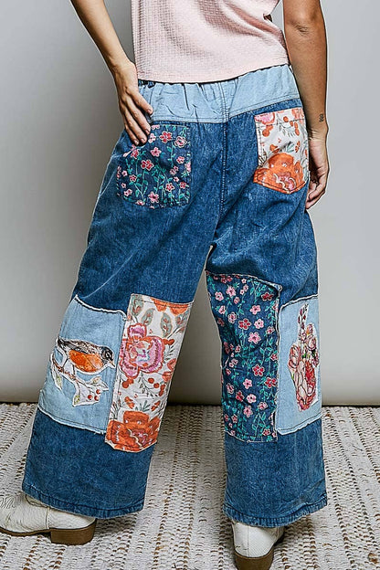 The Picasso Mixed-Print Patchwork Vintage Wide-Leg Contrast Denim Pants - ivyandlavyboutique Pol Clothing