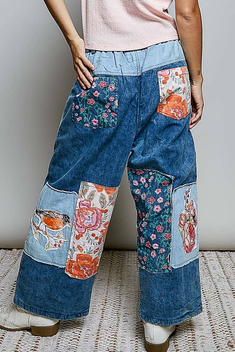 The Picasso Mixed-Print Patchwork Vintage Wide-Leg Contrast Denim Pants - ivyandlavyboutique Pol Clothing