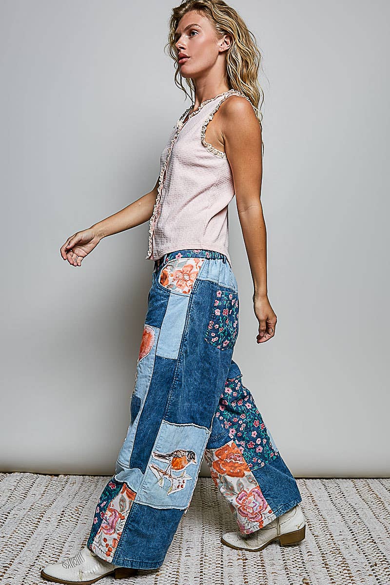 The Picasso Mixed-Print Patchwork Vintage Wide-Leg Contrast Denim Pants - ivyandlavyboutique Pol Clothing
