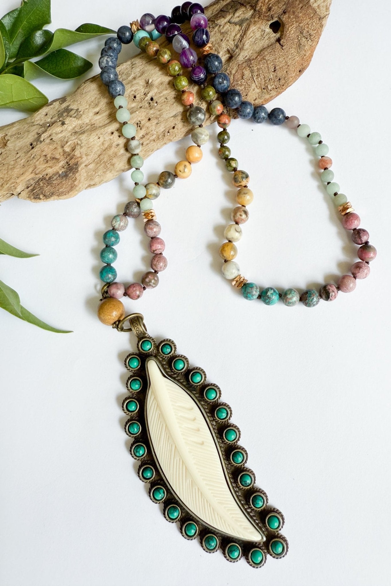 The Statement Turquoise Ivory Feather Gemstone Necklace - ivyandlavyboutique Spirit Lala