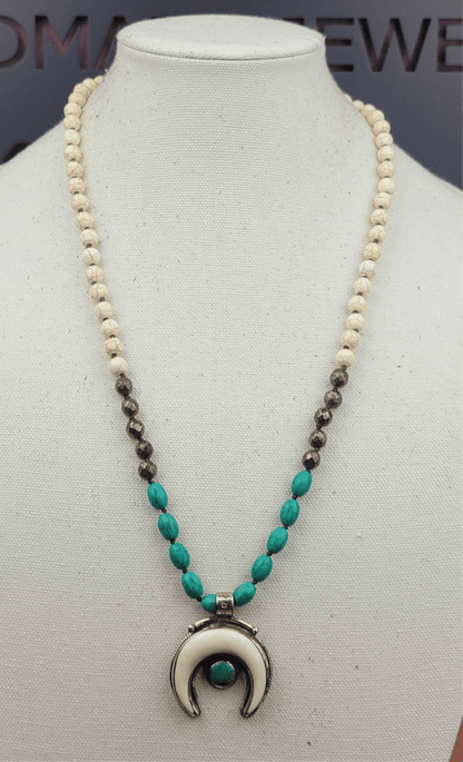 Tibetan Bone & Turquoise Naja Pendant Beaded Necklace - ivyandlavyboutique ZINC Designs