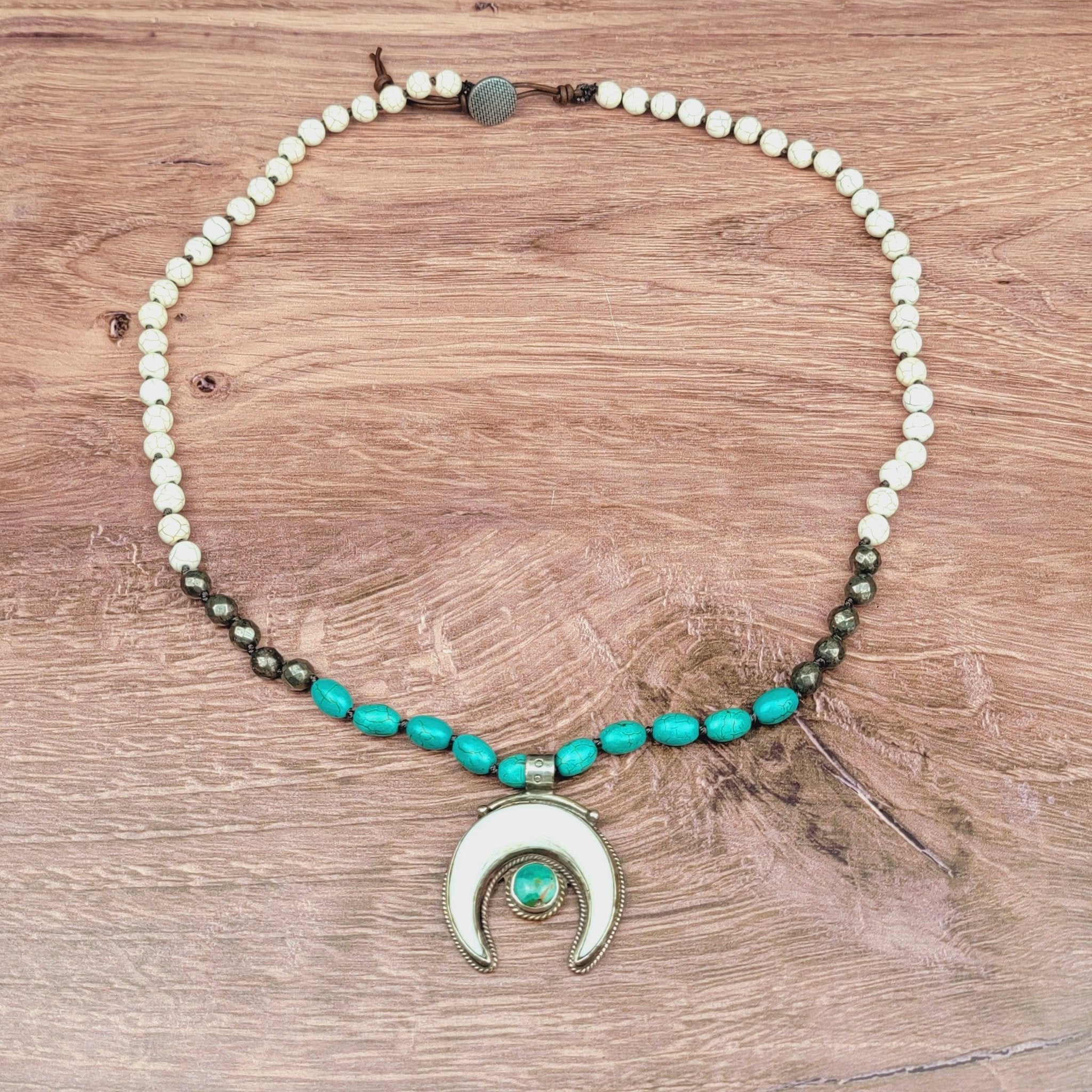 Tibetan Bone & Turquoise Naja Pendant Beaded Necklace - ivyandlavyboutique ZINC Designs