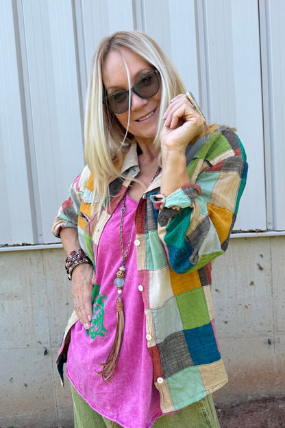To The Point Patchwork Dreams Button Down - ivyandlavyboutique Jaded Gypsy
