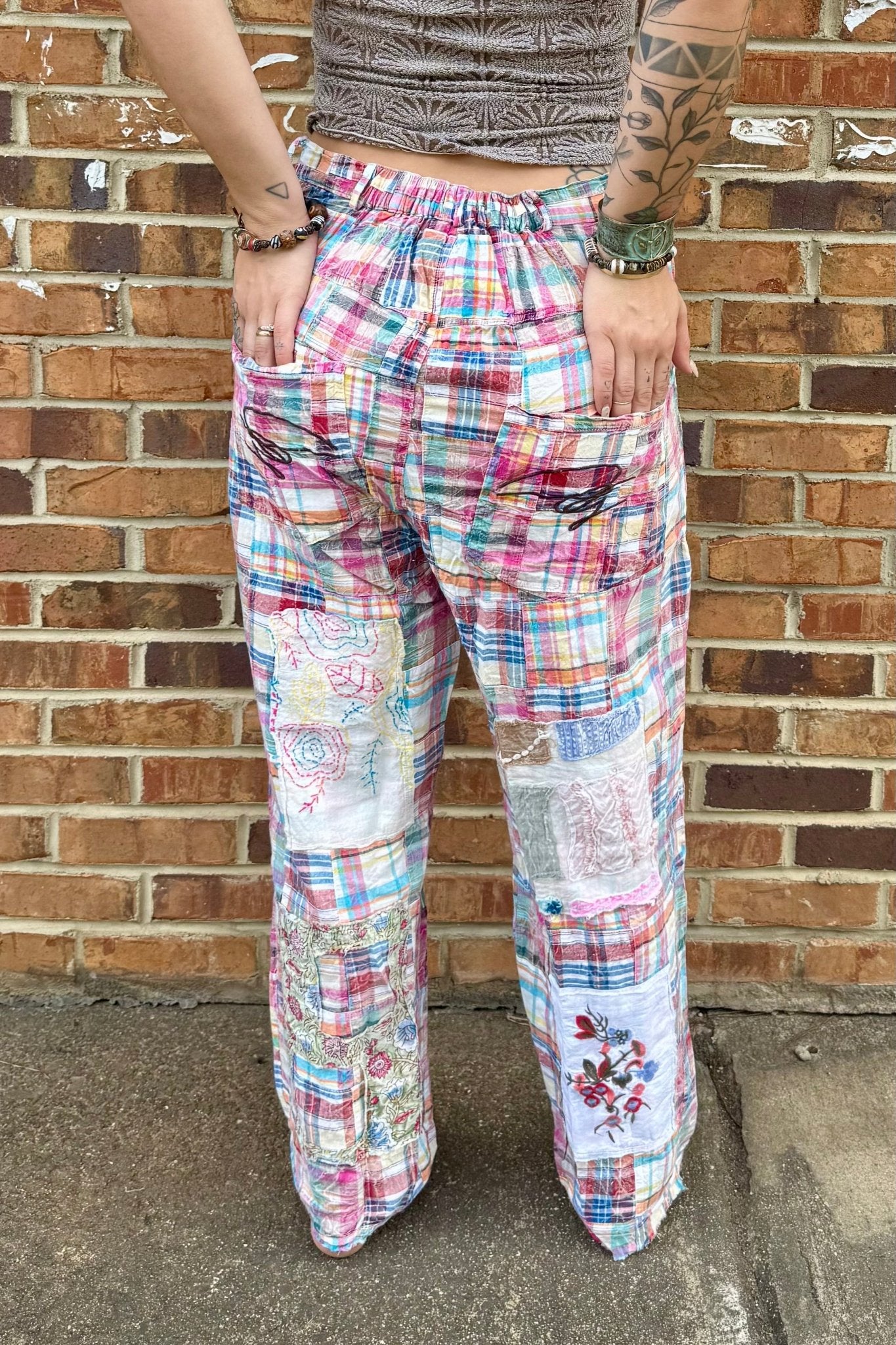 Traveling On Pants in Blue/Pink Plaid - ivyandlavyboutique Jaded Gypsy