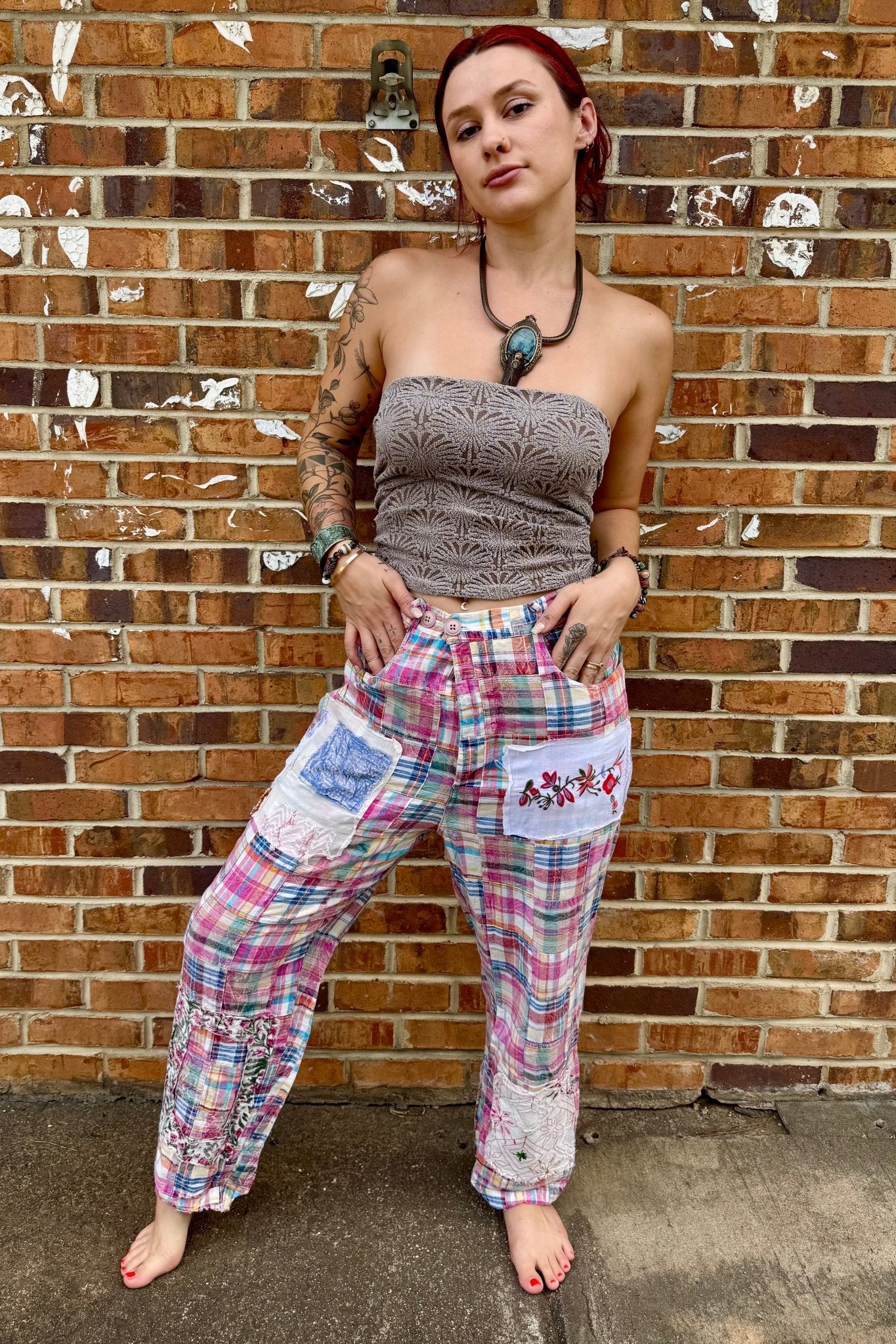 Traveling On Pants in Blue/Pink Plaid - ivyandlavyboutique Jaded Gypsy
