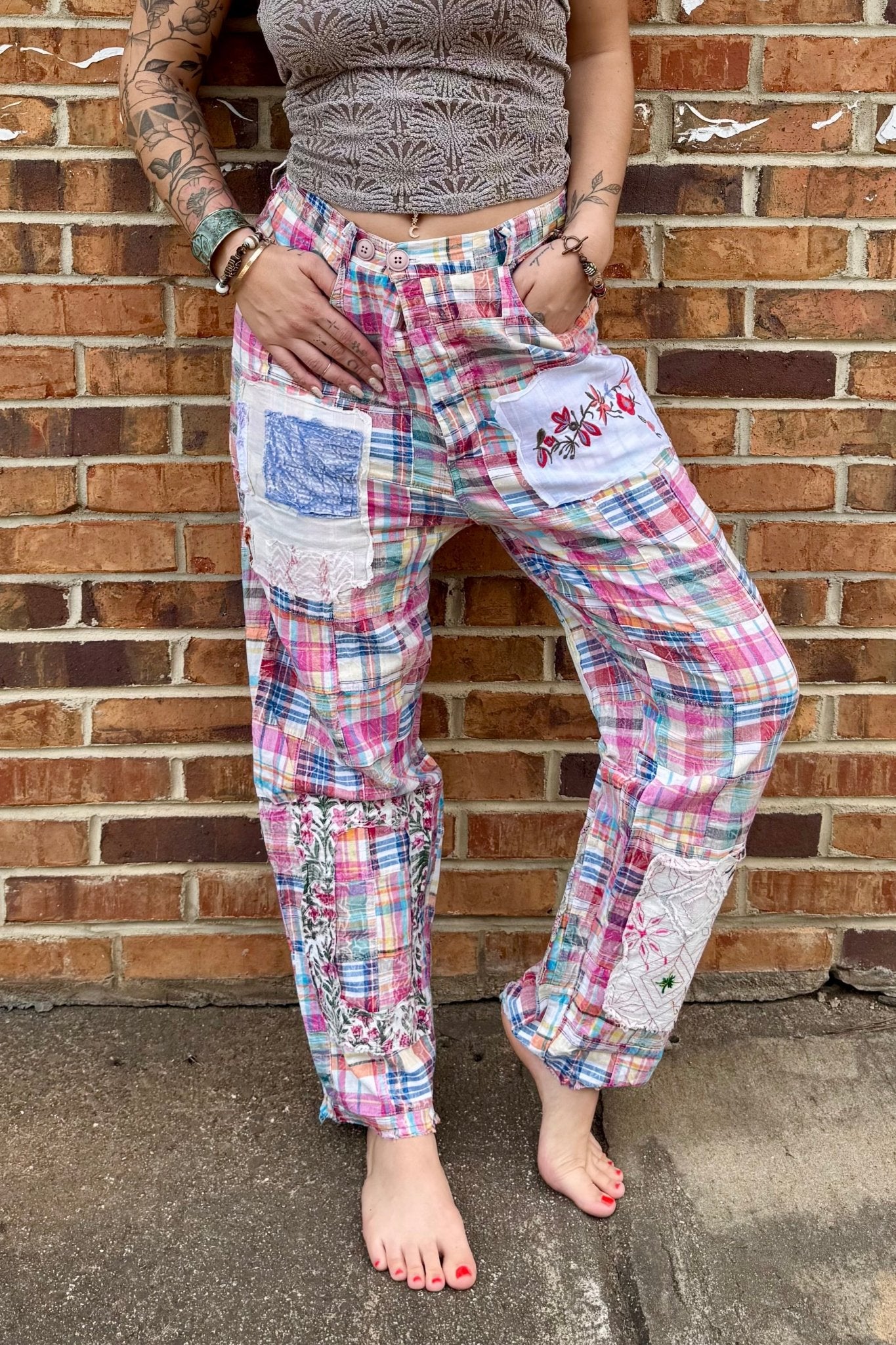Traveling On Pants in Blue/Pink Plaid - ivyandlavyboutique Jaded Gypsy