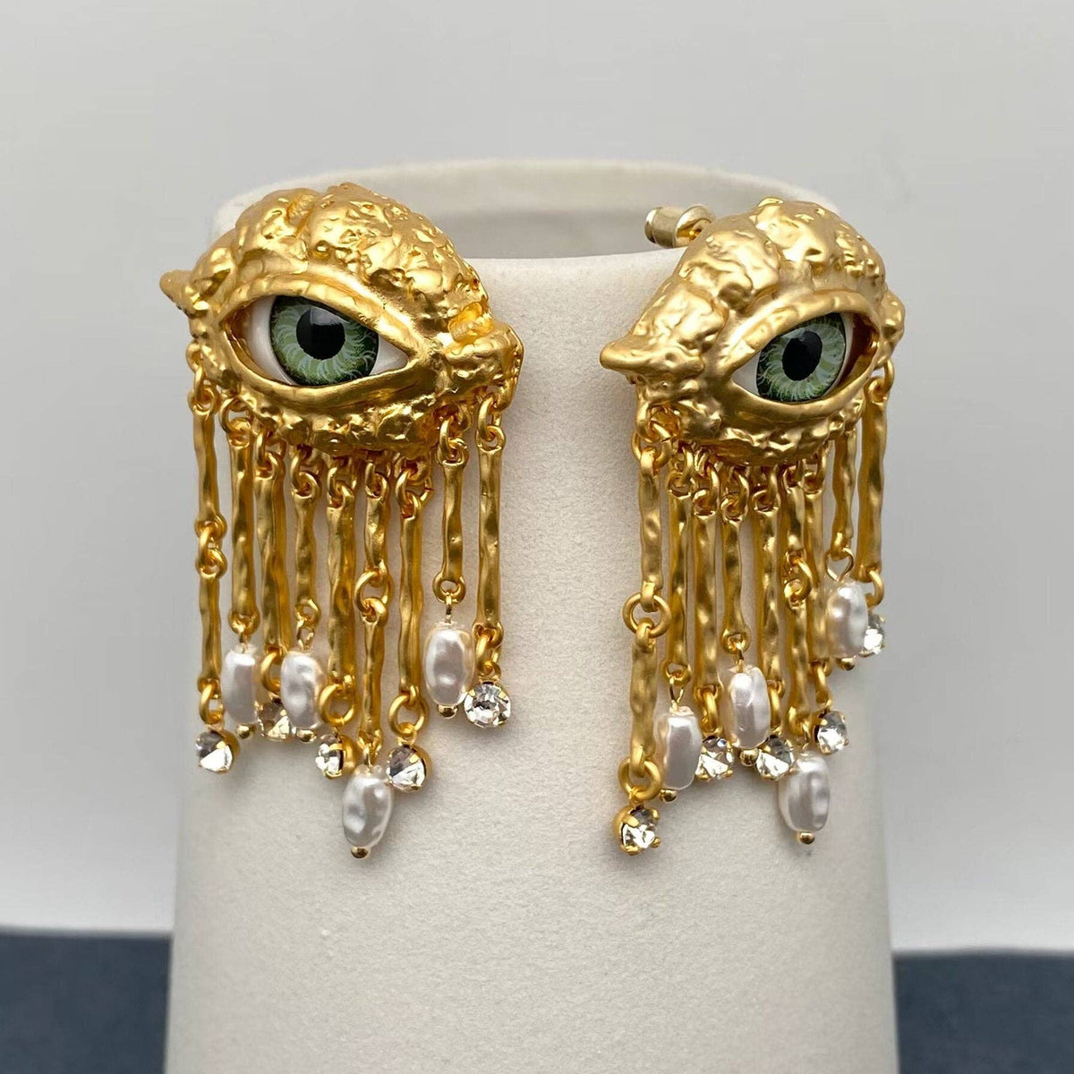 Turkey Evil Eye Pearl & CZ Metal Tassel Post Earrings - ivyandlavyboutique Mio Queena