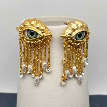 Turkey Evil Eye Pearl & CZ Metal Tassel Post Earrings - ivyandlavyboutique Mio Queena