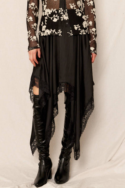 Uneven Hem Lace Trim Midi Skirt - ivyandlavyboutique En Crème