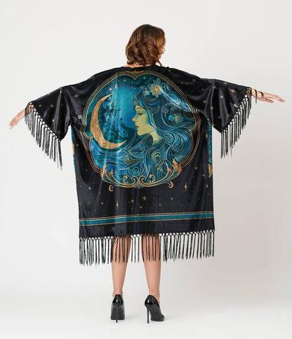 Unique Vintage Black Art Nouveau Fringe Kimono: One Size - ivyandlavyboutique Unique Vintage